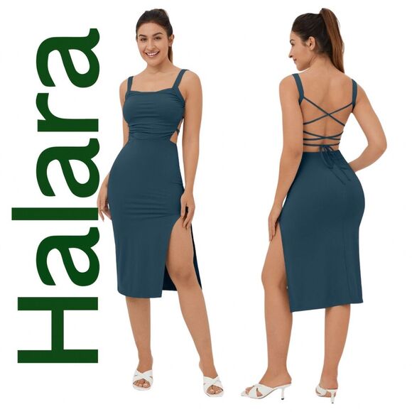 Halara Dresses & Skirts - Halara Blue Ruched Backless Crisscross Bodycon Midi Dress S
